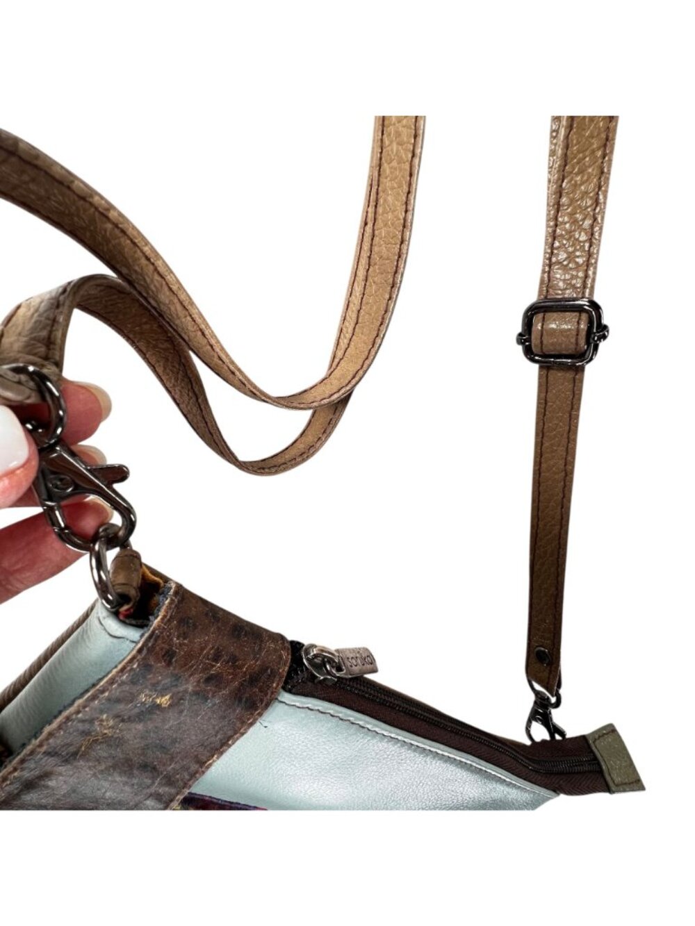 Soruka Leather Crossbody Bag Colorblock Blue Brown Adjustable Strap Zip Pockets - Picture 9 of 16